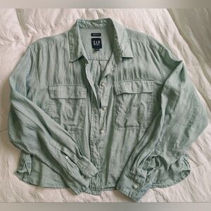GAP Linen Shirt Women S Green Frothy Aqua Long Sleeves Cropped Minimalist Boxy